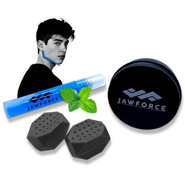 JawForce Jaw Exerciser for Men  Women 5 Piece Set 2 Small Size Jawline Exerciser with Breath Freshener User Manual and Pocket Size Container  Define your Jawline and Neck  Grey Beginner Level