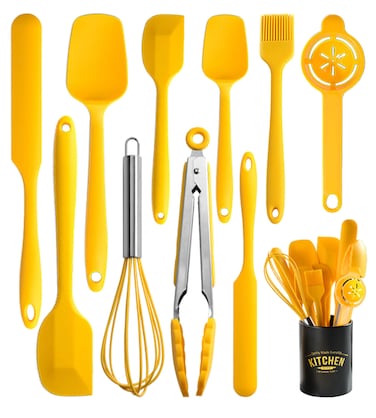 Silicone Spatula Set of 11 Kitchen Utensils with Iron Holder for Baking Cooking and MixingCooking Spatulas Nonstick CookwareSeamless and FlexibleDishwasher Safe Yellow