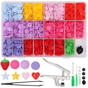 Taigoehua 1000pcs T5 NoSew Resin snap Buttons Fasteners StrawberryStarHeartFlowerCircle with Snap Press Pliers Set