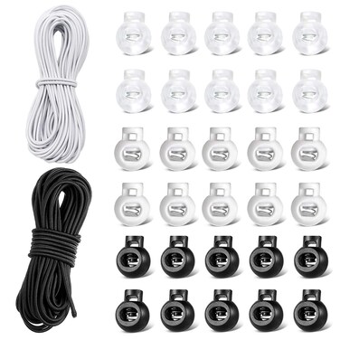 30Pcs Plastic Cord Locks with 22 Yards Elastic Shock Rope Toggle Single Hole Spring Rope Cord Locks Clip Ends Spring Stopper for Shoelace Replacement Sports Backpacks