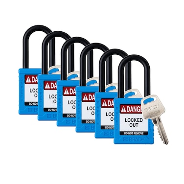 Brady Safety Lockout Padlock Sets  6 Pack  Blue  Keyed Alike Safety Lockout Padlocks  1 Key Per Lock  SDPLBLU38PLKA6