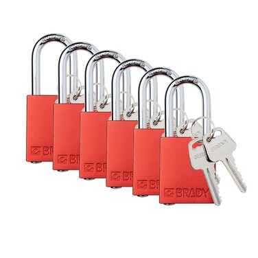 Brady Safety Lockout Padlock Sets  6 Pack  Red  Keyed Different Safety Lockout Padlocks  2 Keys Per Lock  SDALRED38STKD6