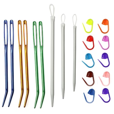 RLECS 1 Knitting Needle Set 3PCS Wool Needles 6PCS Jumbo Bent Tapestry Needles and 10PCS Stitch Markers for Crocheting Knitting and DIY