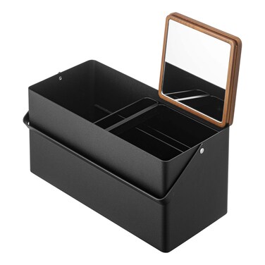 Yamazaki Home Tower Large Makeup Organizer Cosmetic Caddy with Handle Vanity Storage Drawer with Lid  Steel  Wood  Black
