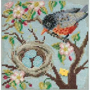 Spring Robin Beaded Counted Cross Stitch Kit Mill Hill 2015 Buttons  Beads Spring MH145103