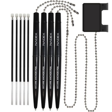 Nadex Pen with Security Chain And Base Mount  Set of 4 Pens 1 Adhesive Mount and 5 Refills Black