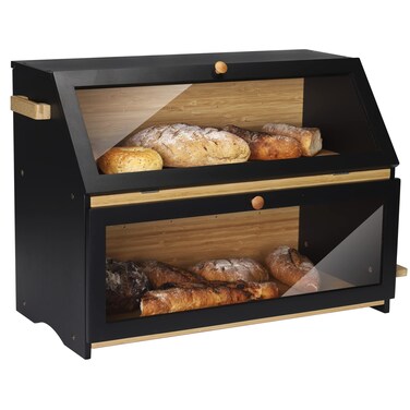 HOMEKOKO Double Oversized Bread Box Twolayer Extra Large Bread Box for Kitchen Counter Wooden Large Capacity Bread Storage Bin with Cutting Board Black