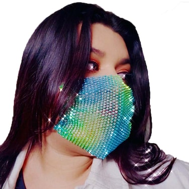 Fstrend Mesh Mask Sparkly Rhinestone See Through Breathable Glitter Halloween Masks for Women and GirlsGreen blue