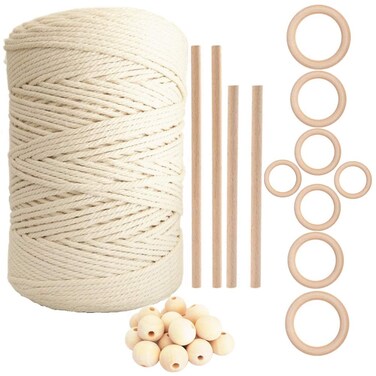 Macrame Cord Kits100 Natural 4 Strand Twisted Soft Cotton Macrame Rope with Wooden Beads Sticks Rings for Wall HangingPlant HangersCraftsKnittingDecorative Projects 3mm x 220yards