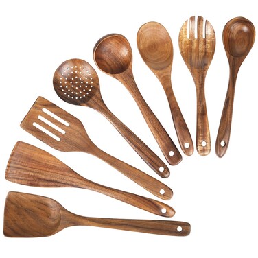Wooden Spoons for Cooking Kitchen Utensils Set Natural Teak Wood Spoon and Spatula for High Heat StirringCooking Spoons Wooden Spatula for Nonstick Cookware 8