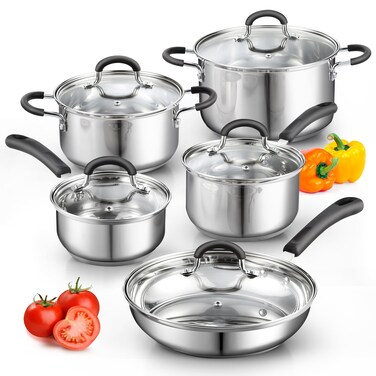 Cook N Home Stainless Steel Cookware Sets 10Piece Pots and Pans Kitchen Cooking Set with StayCool Handles Dishwasher Safe Silver
