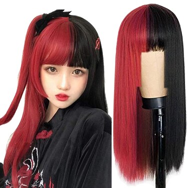 Beweig Half Red Half Black Wigs Long Straight Cosplay Hair Wig with Bangs Synthetic Halloween Party Wig for Women