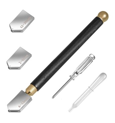 PASWAY Glass Cutter Tool Set 2mm20mm Pencil Style Oil Feed Carbide Tip Glass Cutting Tool Set for Mirror Tiles Mosaic Stained Glass with 2 Extra Heads and Screwdriver