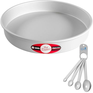Fat Daddios Round Cake Pan 12 x 2 Inch Silver with a Lumintrail Measuring Spoon Set