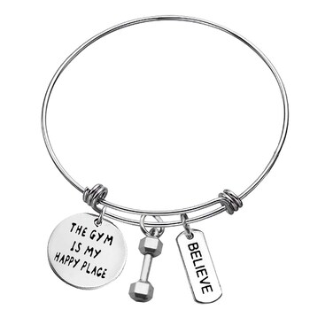 Workout Gym Bracelet Dumbbell Charm Bangle Funny Gym Workout Jewelry Fitness Trainer Bracelet Gifts for Women Men Bodybuilding Jewelry The Gym is My Happy Placebelieve Inspirational Fitness Gifts