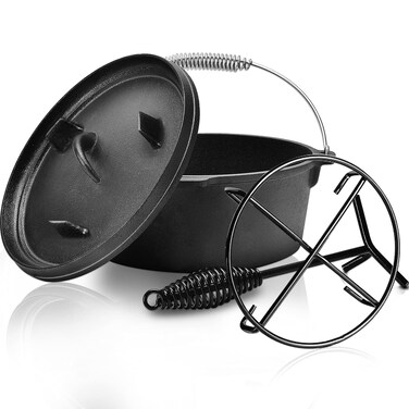 10 Quart Cast Iron Dutch Oven Preseasoned Pot with Lid Lifter Handle Casserole Pot with Lid Lifter for Camping Cooking BBQ Baking