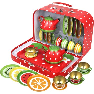 Tea Set for Little Girls Pretend Play Tea Party Set Fruit Design Kids Tin Tea Set with Carrying Case 15 Pcs