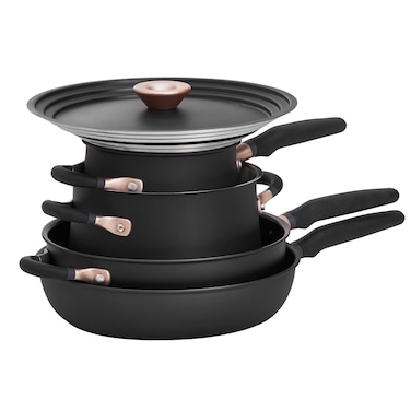 Meyer 6pc Stackable Set with Universal Lids  Hard Anodized Non Stick and Stainless Steel Pots and Pans  Induction Compatible  Dishwasher Safe  Oven Safe  Matte Black  Accent Series Cookware