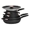Meyer 6pc Stackable Set with Universal Lids  Hard Anodized Non Stick and Stainless Steel Pots and Pans  Induction Compatible  Dishwasher Safe  Oven Safe  Matte Black  Accent Series Cookware