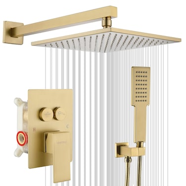 VANFOXLE PushButton Shower Faucet Set Brushed Gold Shower System with 10 inches Rainfall Shower Head Shower Fixture Combo Set Wall Mounted
