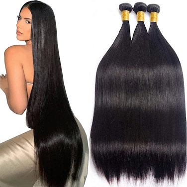 Morbeau Brazilian Virgin Hair Straight 3Bundles 30 32 34Inch Long Straight Human Hair Weave Bundles Unprocessed Brazilian Straight Hair Long Straight Hair Human Extensions Natural Black