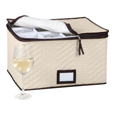 Wine Glass Storage Box with Dividers  Holds 12 Standard Size Wine Glasses up to 10 Tall  Stemware Storage Case  Protects Fine China  Durable Quilted Microfiber Bin with Carry Handles