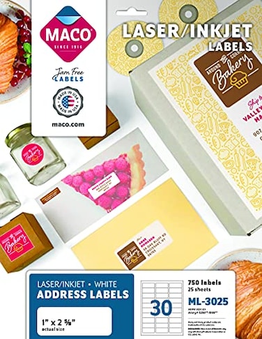 MACO LaserInk Jet White Address Labels 1 x 258 30 per Sheet 750 per Pack ML3025