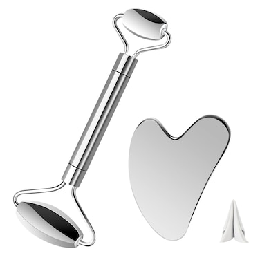 Stainless Steel Face Roller and Gua Sha Set  Dual Ended Face Massage Roller and Gua Sha Tools for AntiAgeing Skin Care Body Muscle Relaxing