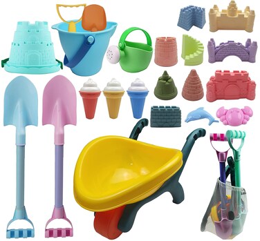 IOKUKI Long Shovels Sand Toys Set with Mesh Bag Including Wheelbarrow Castle Building Kit Beach Buckets Shovels Rakes Molds Outdoor Beach Toys Tool Kit for Kids Toddlers Boys and Girls 23 PCS