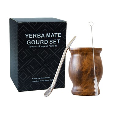 LA FEE Yerba Mate Natural GourdTea Cup Set Brown Original Traditional Mate Cup  8 OuncesIncludes Yerba Mate Straw  Cleaning BrushStainless Steel  DoubleWalled  Easy to Clean Brown