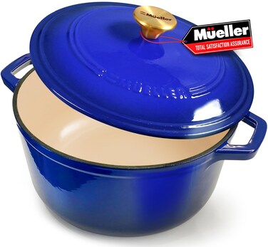 Mueller 6qt Enameled Cast Iron Dutch Oven HeavyDuty Casserole and Braiser Pan with Lid and Knob Safe for All Cooktops  Blue