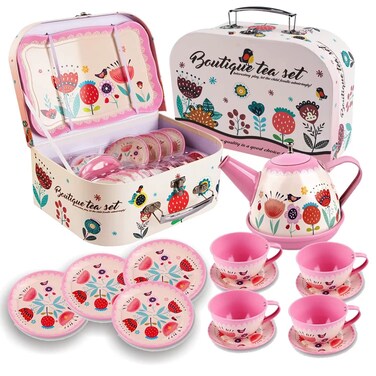 Kids Pretend Play Toy Tin Tea Party Set Kit for Little Girls Princess Tea Time Kitchen Pretend Fake Party Play Food Teapot Set Tea Party Set  Pink Flower