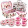 Kids Pretend Play Toy Tin Tea Party Set Kit for Little Girls Princess Tea Time Kitchen Pretend Fake Party Play Food Teapot Set Tea Party Set  Pink Flower