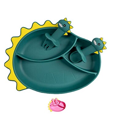 Silicone Suction Baby Plate With Spoon and Fork Dinosaur Baby Plate Set Baby Self Feed Utensils Baby Spoon Baby Fork Suction Plate