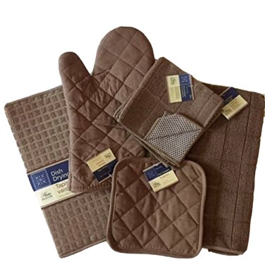 Kitchen Towel Set with 2 Quilted Pot Holders Oven Mitt Dish Towel Dish Drying Mat 2 Microfiber Scrubbing Dishcloths Toffee