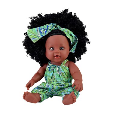 ciwich Black Doll African Baby Girl 12inch with African Cute Dress Outfits Realistic Silicone Curly Hair Baby Model for Birthday Lake Green