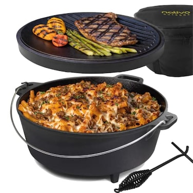 NATIVO 6QT PreSeasoned Outdoor Cast Iron Dutch Oven Pot with Multipurpose Lid Dutch Oven for Camping and Outdoor Cooking using Fire and Coals With Legs and Reversible Lid Grill