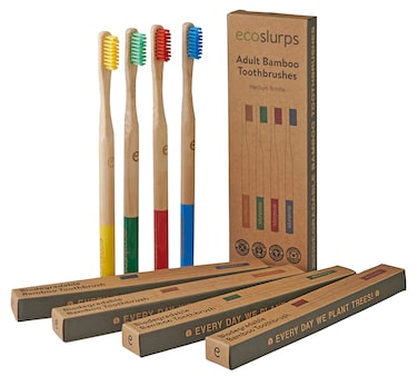 EcoSlurps 4 Bamboo Toothbrushes Multipack  Award Winning Medium Bristle Biodegradable Bamboo Toothbrush Pack 4 Adult Medium MultiColored