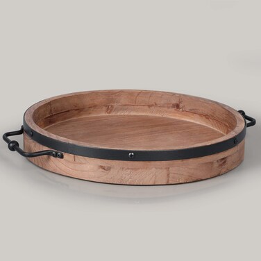 Round Coffee Table Tray  13 Farmhouse Wood Serving Tray with Metal Handles  Round Decorative Tray for Coffee Table  Round Ottoman Tray Decor  Wooden Circle Tray for Kitchen Counter