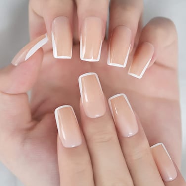 EDA LUXURY BEAUTY NATURAL NUDE PINK WHITE FRENCH LUXE DESIGN Full Cover Press On Nails Acrylic Nail Kit Artificial Nail Tips False Nails Extra Long Ballerina Coffin Square Nail Art Fake Nails