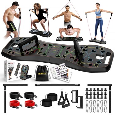 LALAHIGH Home Workout Equiptment Portable Exercise Push Up Board Strength Training Sets with Pilate Bar  20 Fitness Accessories with Resistanve Bands  Ab Roller Wheel  Full Body Workout
