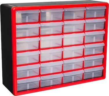 AkroMils 10124 24Drawer Plastic Drawer Storage Cabinet for Garage Organization Bead Organizer Lego Storage Teacher Toolbox Makeup Organizer and More 20Inch W x 6Inch D x 16Inch H Red
