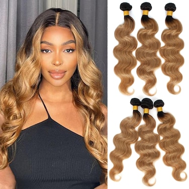Kapelli Hair Body Wave Human Hair Bundles Ombre Honey Blonde Bundles Body Wave Brazilian Hair 3 Bundles T1B2714 16 18 Ombre Human Hair Bundles 2 Tone Black to Blonde Human Hair Weave