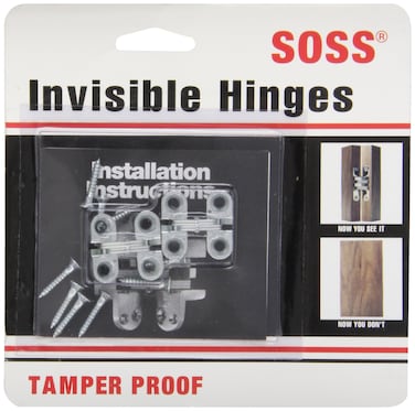 SOSS  100CUS26D Mortise Mount Invisible Hinges with 4 Holes Zinc Satin Chrome Finish 1 Leaf Height 38 Leaf Width 1532 Leaf Thickness 5 x 34 Screw Size 1 Pair