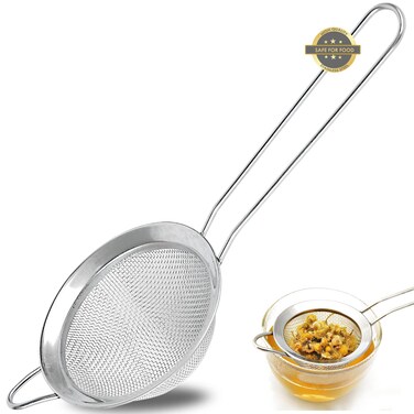 Fine Mesh Strainer Stainless Steel 3 Inch Sturdy Long Handle Double Straining Small Mini Sifter Metal Bar Conical Sieve for Tea Coffee Cocktail Juice Sugar and Spices Pack of 1 Silver