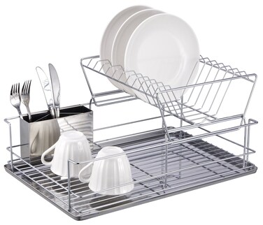 Home Basics 2Tier Steel Dish Rack with Removable Utensil Cup
