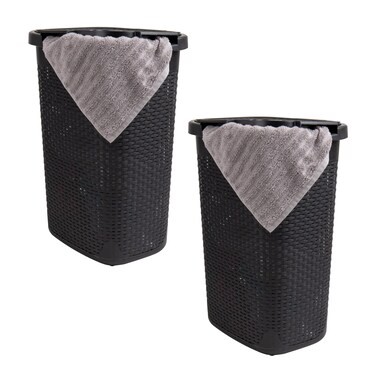 Mind Reader 60L Slim Laundry Hamper Clothes Basket Lid Wicker Style Plastic 1765L x 1375W x 2415H Set of 2 Black