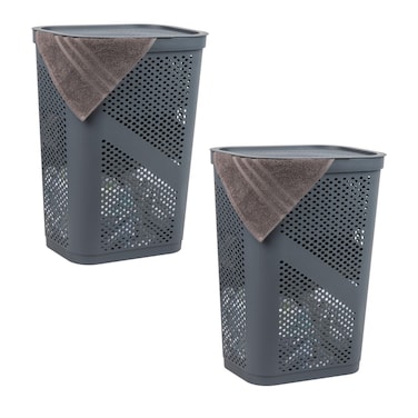 Mind Reader 60L Slim Laundry Hamper Clothes Basket Lid Ventilated Plastic 1725L x 1375W x 235H Set of 2 Gray