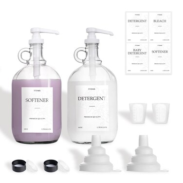 2 Pcs Glass Laundry Detergent Dispenser Half Gallon Liquid Laundry Soap Dispenser for Laundry Room 64 oz Each Laundry Detergent Bottles with Pump Dispenser Includes Labels Funnel Measuring Cup