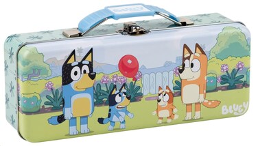 The Tin Box Company Bluey Pencil Box with Handle Clasp  Hinge Model 47940712 Pencil Box with Handle 838 x 338 x 214D with hinge and clasp